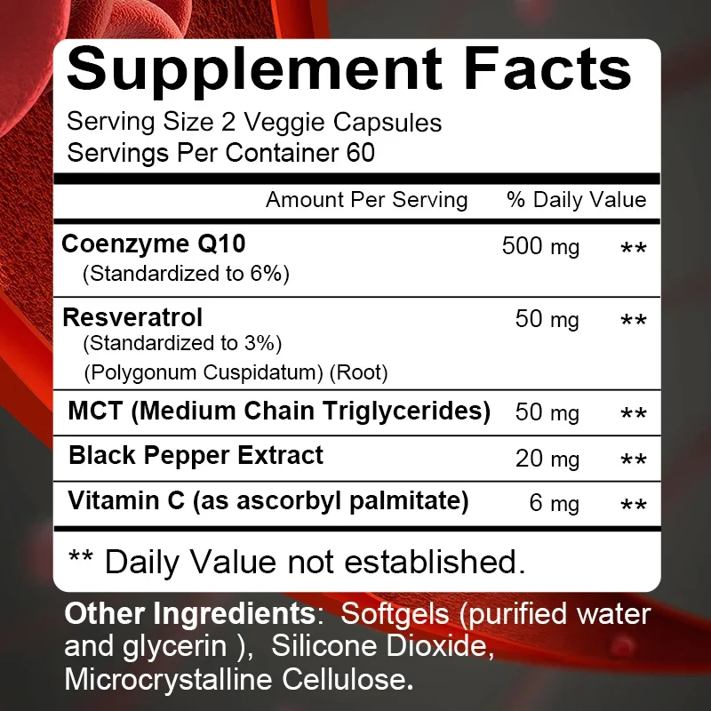 Coenzima Q10 (CoQ10) capsule da 500 Mg antiossidante, salute del cuore, livelli di pressione sanguigna e supporto immunitario, produzione di energia