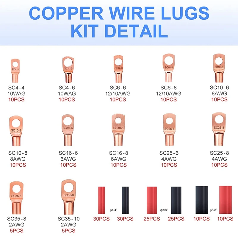 240Pcscopper Wire Lugs Battery Terminals Battery Cable Ends,AWG 2 4 6 8 10/12 Gauge Wireconnectors,For Marine Electrical