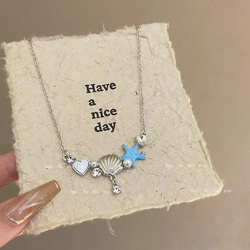 Ocean Elements Style Metal Shell Blue Dropped Gum Starfish Zircon Necklace Women's Fashion Summer Beach Necklace Accessories