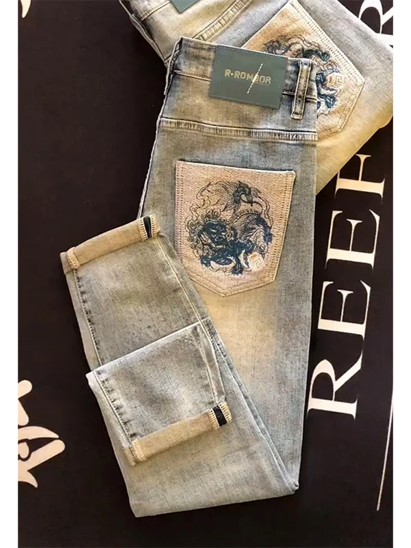 

High-End Embroidered Ripped Jeans Slim Fit Casual Pants for Men Spring Summer Faion Brand Light Wa All-Match Small Foot