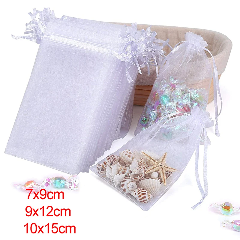 

50pcs Organza Gift Bags for Jewelry Party Wedding Favor with Drawstring Party Bags 7x9 9x12 10x15cm White Bags for Packaging