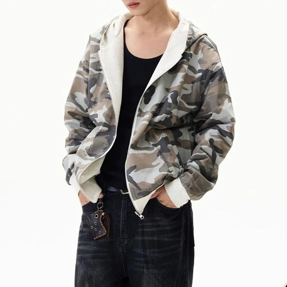 Autumn And Winter American Street Retro Fashion Double-Sided Camouflage Hooded Sweatshirt Unisex Short Cardigan Jacket Tops Men