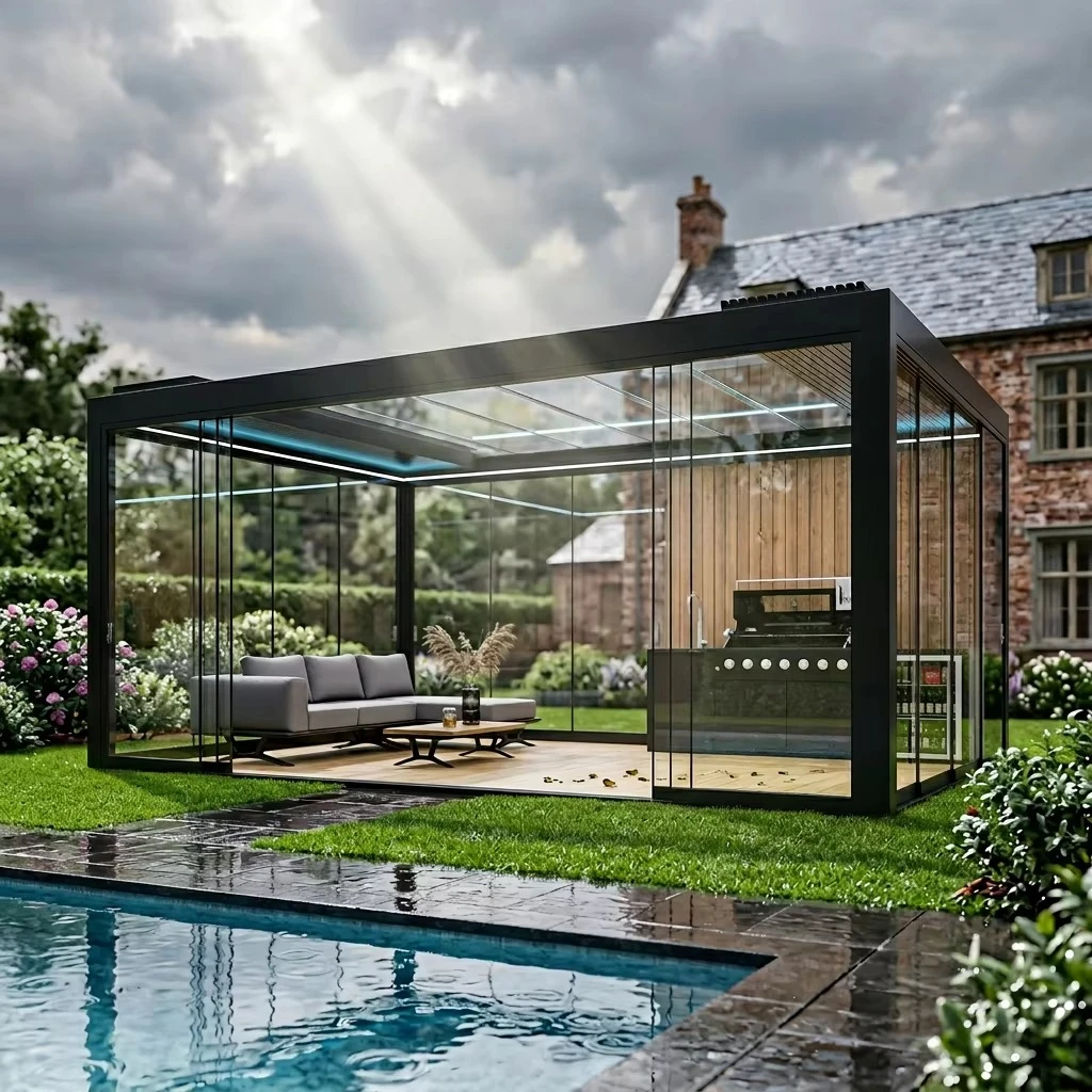gh-Factory-customized Aluminum Electric Gazebos With Louvered Roofs Rainproof And Windproof For Outdoor Kitchens And Resorts