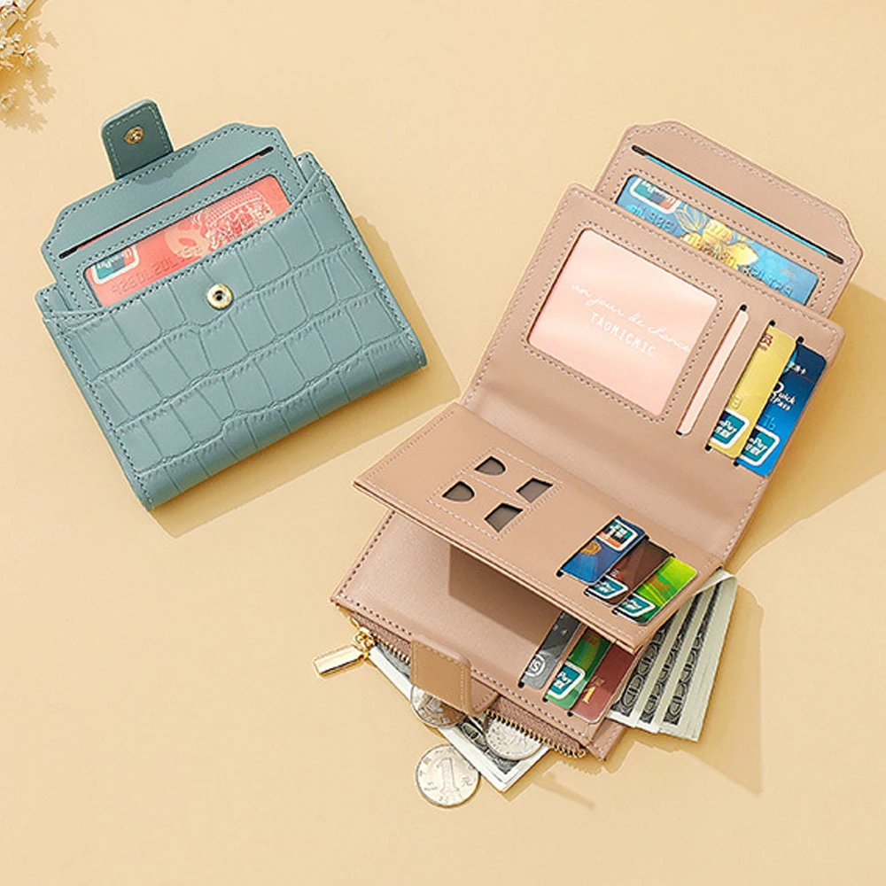 Women's Stone Pattern Short Wallet Bifold Zipper Buckle Multi Slot Card Holder PU Leather Purse Fashion Solid Color Money Clip