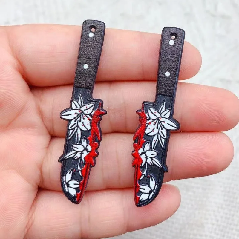 Double-Sided Gothic Black Flower Dagger Acrylic Charms, 10pcs