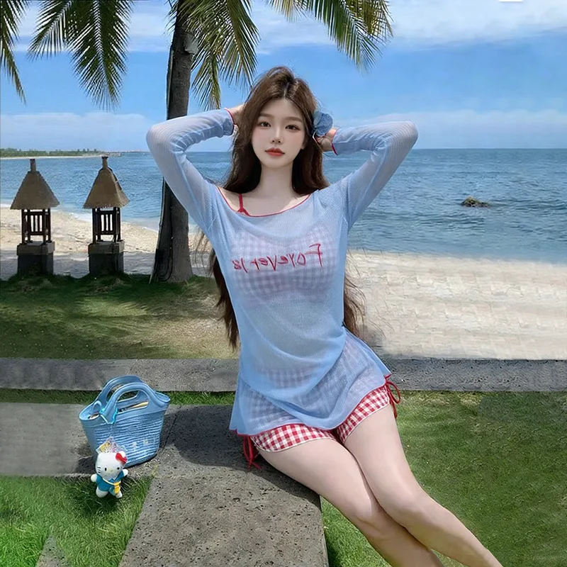 Women's Bikini Set  Blue Mesh Letter Print Long Sleeve Cover Up Red Gingham Drawstring Shorts Summer Beach Bathing Suit Swimwear