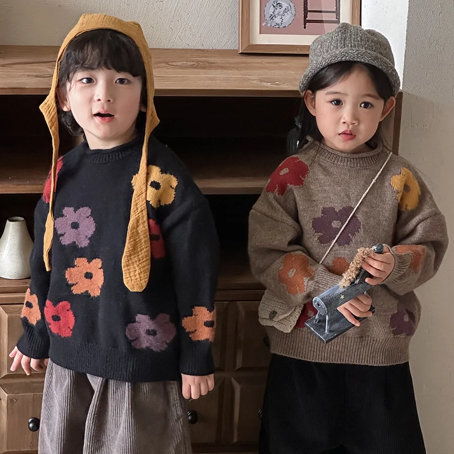 

2025 New Kids Sweater 1-7T Autumn Winter Cute Flowers Boys Warm Knit Pullover Vintage Loose Turtleneck Girls Baby Knitwear Tops