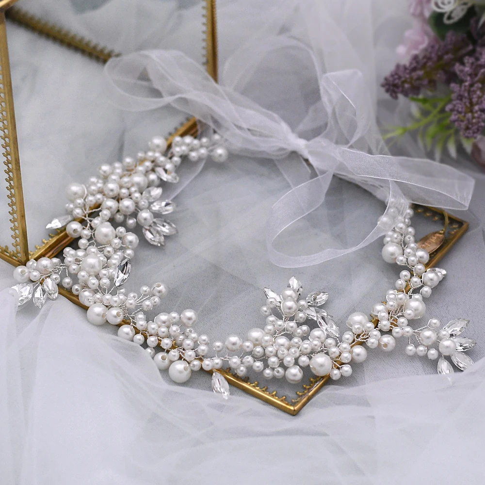 Gold / Silver Color Floral Bridal Headband Hair Tiara Freshwater Pearls Wedding Jewelry Handmade Rhinestones Women Headdress