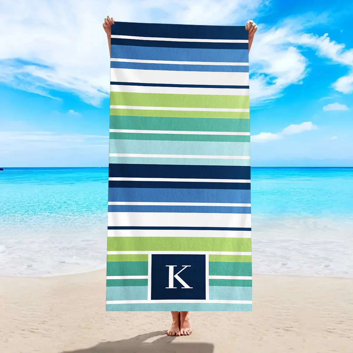 Sea Turtle Striped Beach Towel Personalized Initial K Summer Microfiber Bath Towel Oversized Quick Women Men Adults Kids