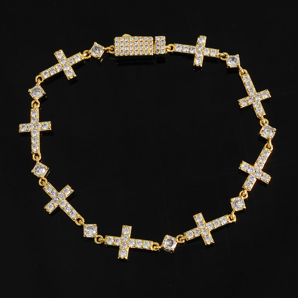 HHIOK Customized 5mm Spring Buckle Cuban Bracelet Iced CZ Zircon Small Round Bead Cross Exquisite Men's and Women's Jewelry