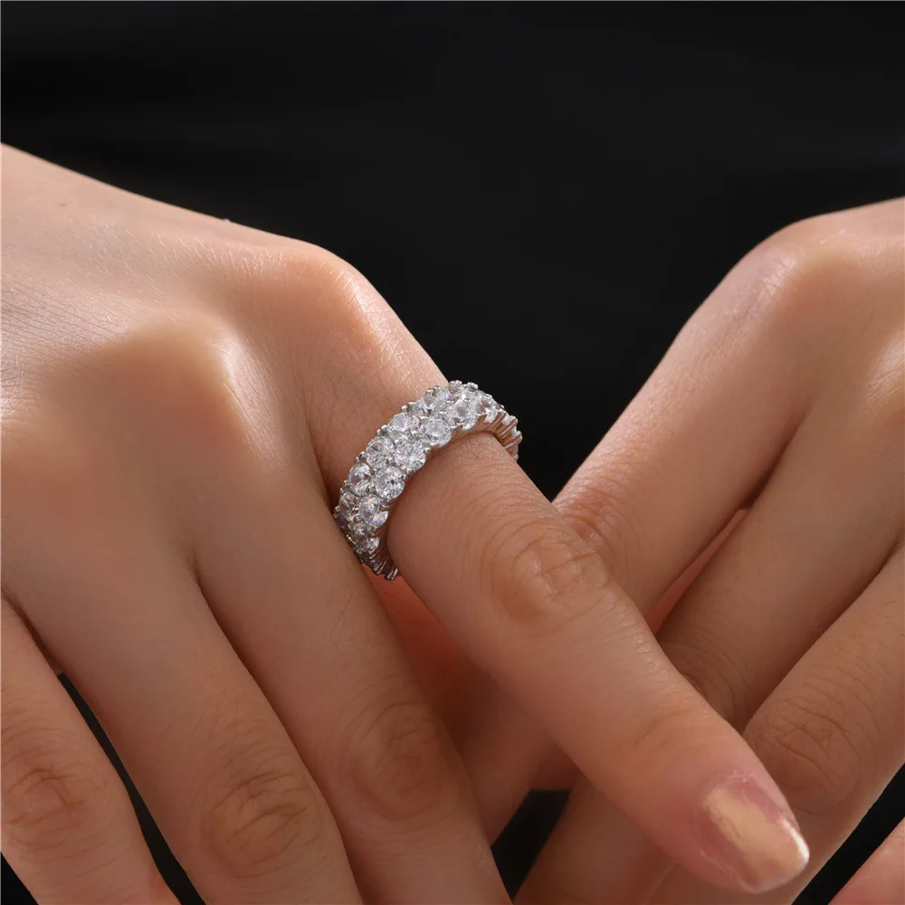 NewS925 Round White 3.5mm High Carbon Diamond 0.2 Carat Ring Double Row Full Diamond Ring 5-9 # Optional Wedding Jewelry