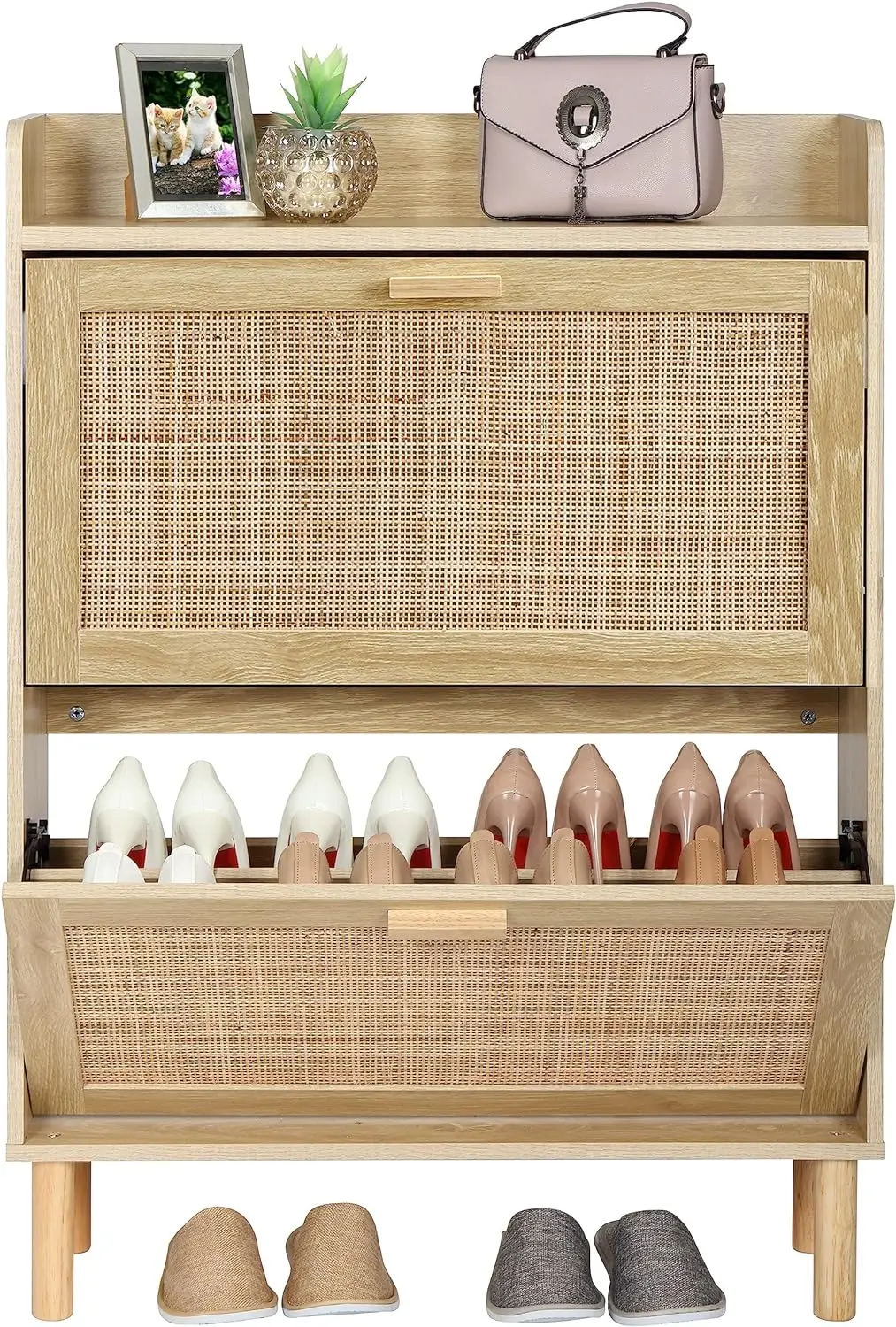 

Extended Edition Shoe Cabinet with Natural Rattan Flip Drawers for Entryway, Free Standing 2 Tier Slim Shoe Organizer