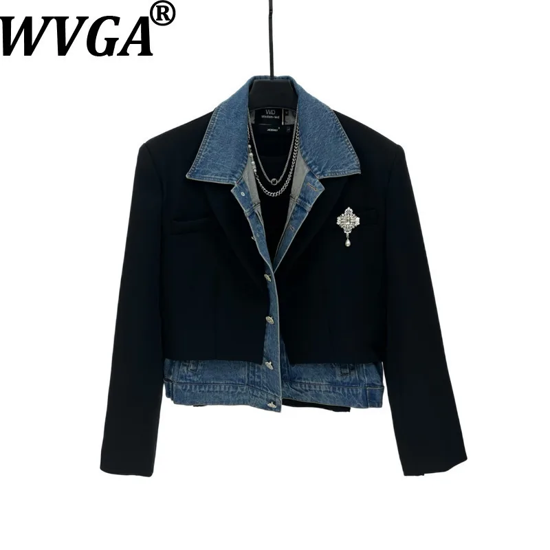 

WVGA Spring Autumn New Men Tide Fake Two-Piece Denim Suit Short Coat Niche Chic Casual High Street Padded Shoulder Blazer W16583