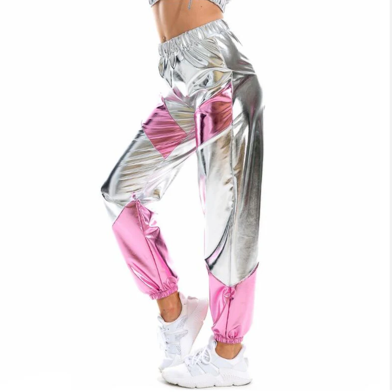 Women Reflective Pants Colorful Laser High Waist Disco Pants Metallic Holographic Trouser Club Dance Performance Hip Hop Joggers