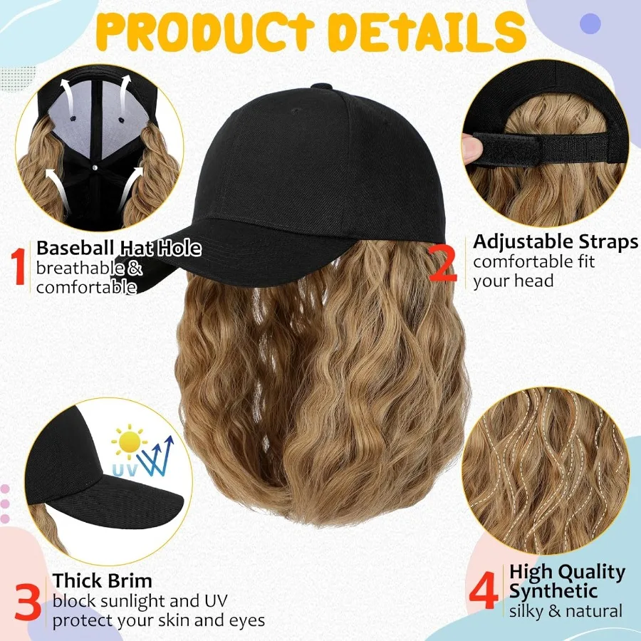 قبعة بيسبول شعر مستعار مع شعر مرفق 16 بوصة قبعة سوداء قابلة للتعديل تتميز وصلات شعر بوب صناعية مموجة ومجعدة للنساء