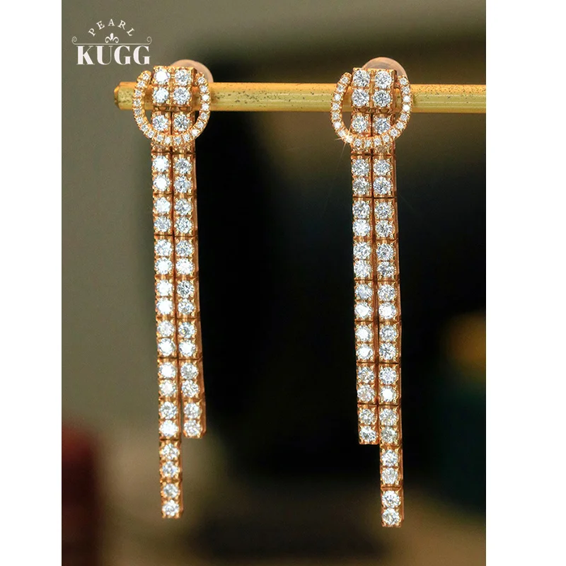 KUGG 100% 18K Rose Gold Earrings Luxury INS Style 2.0carat Real Natural Diamond Drop Earrings for Women High Party Jewelry