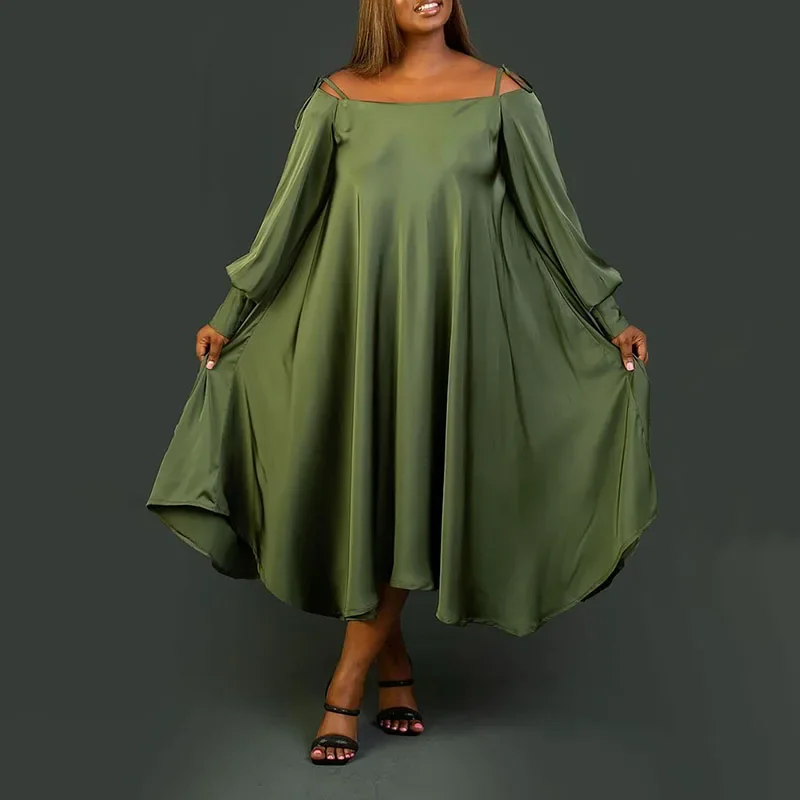 Plus Size Daily Midi Dresses Elegant Emerald Green Midi Fall Winter Off The Shoulder Long Sleeve Cut Out Satin Midi Dresses