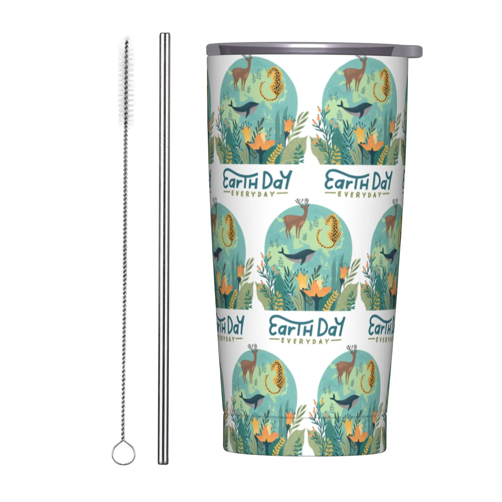 Happy Earth Day Eco Friendly Nature Tumbler Vacuum Insulated  Thermal Cup with Lid Straw Double Wall Mugs Hot Cold Drink, 20oz