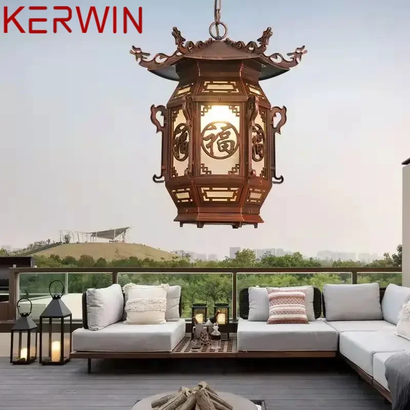 KERWIN Chinese Lantern Pendant Lamps Outdoor Waterproof LED Brown Retro Chandelier for Home Hotel Corridor Decor Electricity