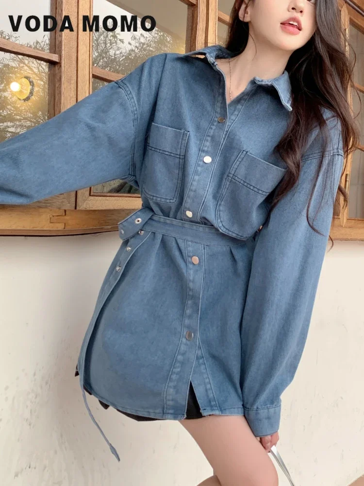 

New Denim Blouse Women Spring Autumn High Street Long Sleeve Cowboy Tops Coat Vintage Loose Single Breasted Lapel Jean Shirt
