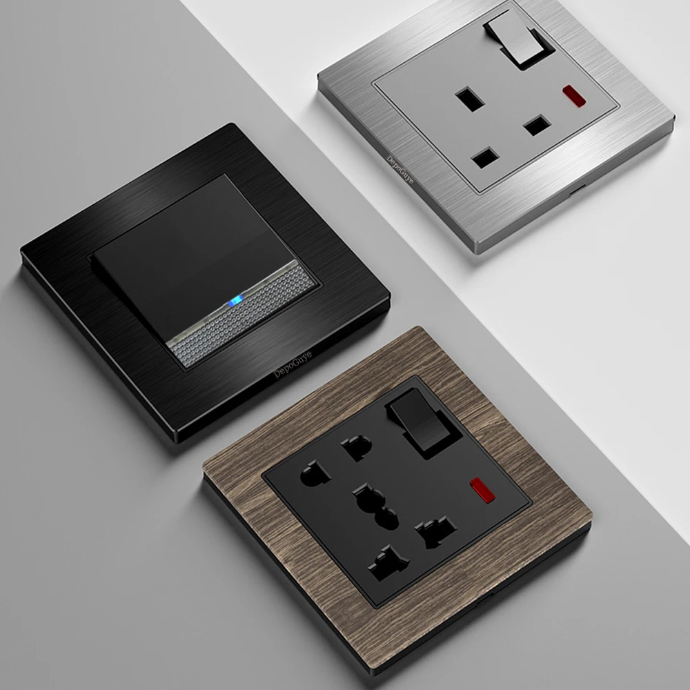 UK Standard With LED Indicator Brushed Aluminum 1 2 Way Light Switch Socket,Universal 3Pin USB Type-C 18W Quick Charging Outlet