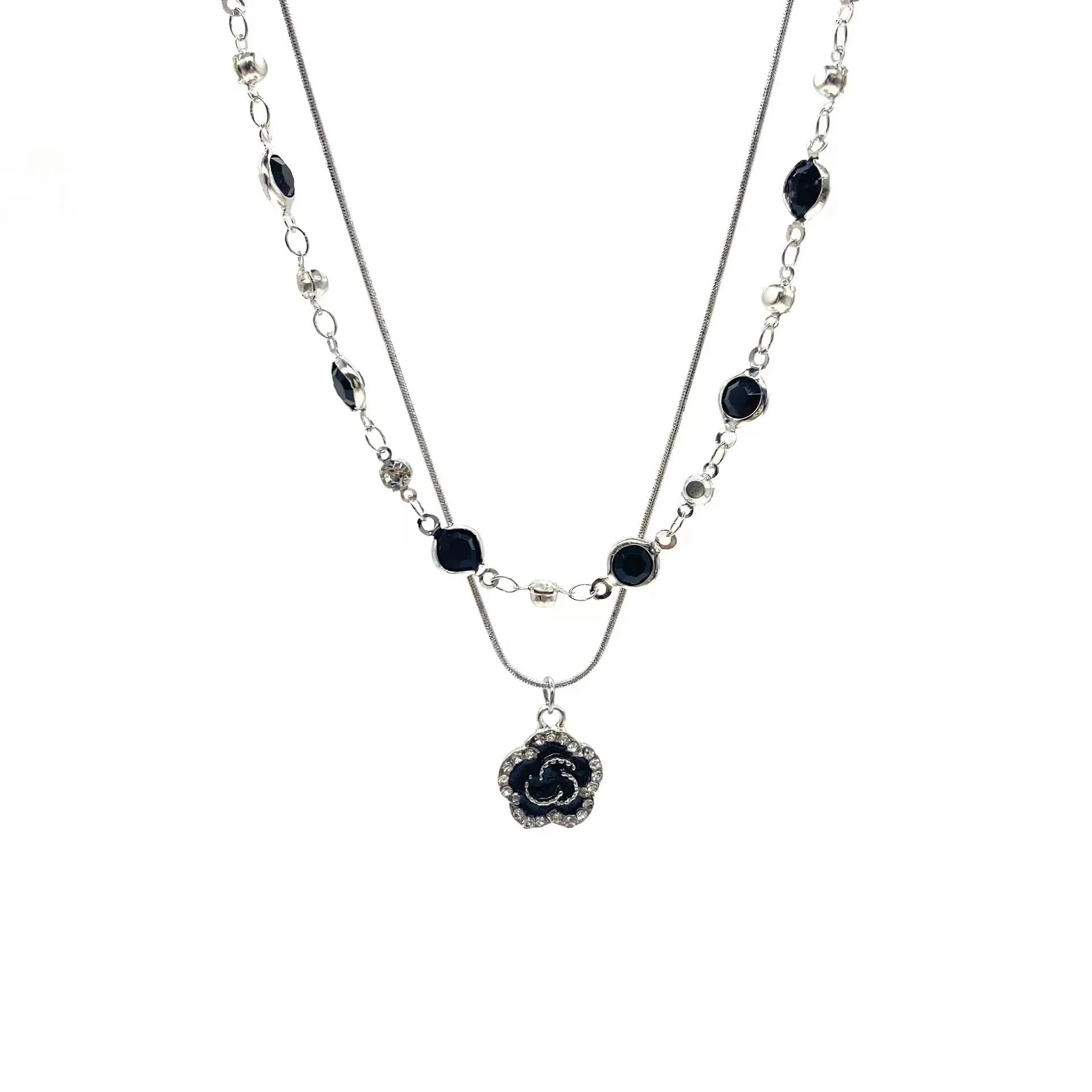 Punk Schwarz Zirkon Rose Anhänger Halsketten für Frauen Vintage Exquisite Doppel Layered Schlüsselbein Kette Ästhetik Y2k Schmuck Geschenke – Detail 5