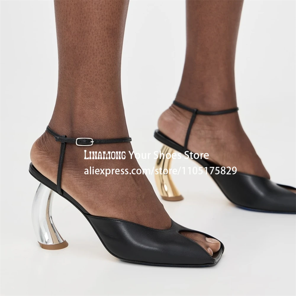 

Gold and Silver Distinct Strange Heel Sandals Square Peep Toe Slim Ankle Strap High Heels for Women Custom Color Novelty Heels