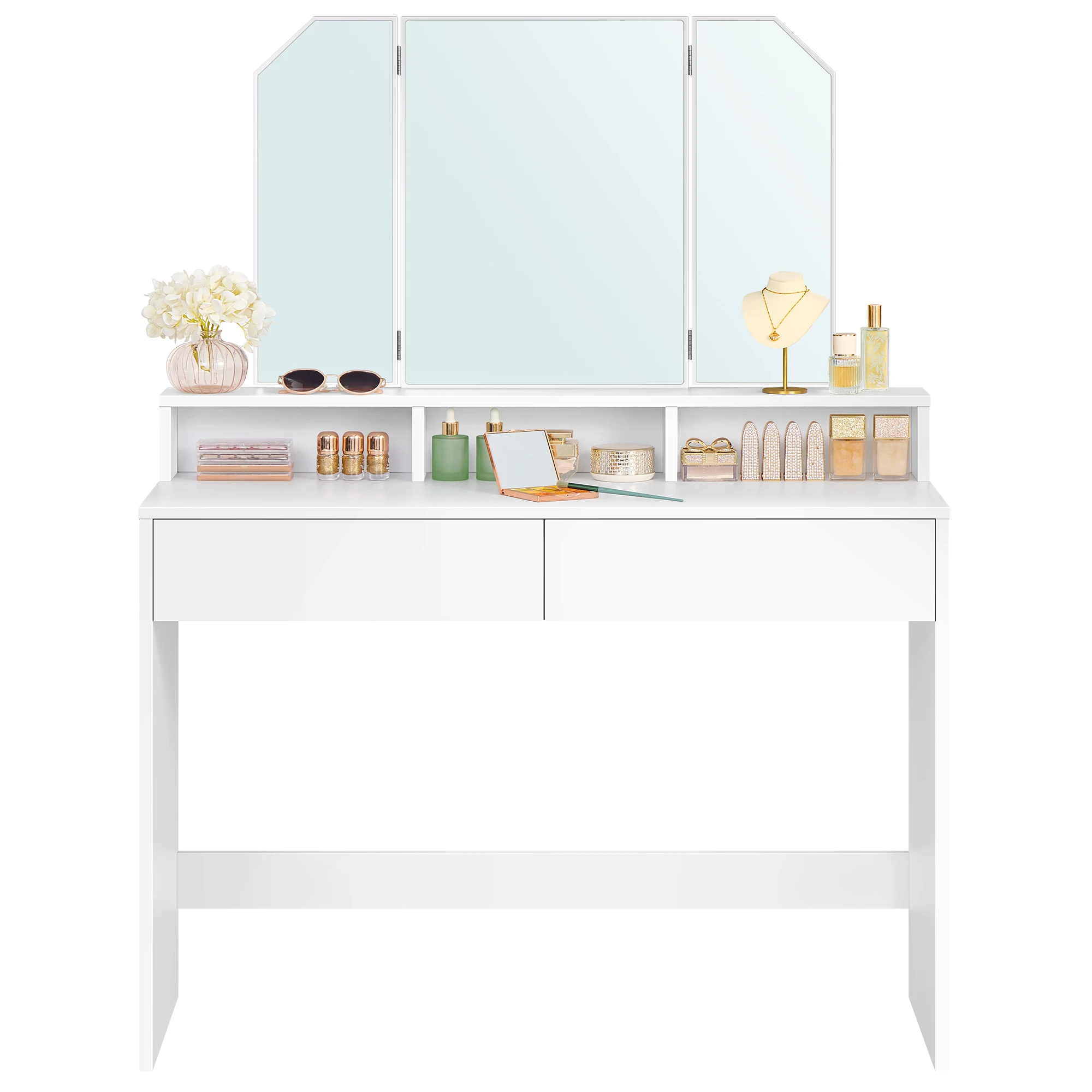 VASAGLE Dressing Table with Large Rectangular Mirror, Vanity Table with 2 Drawers and 3 Open Compartments, Vanity Table, Modern