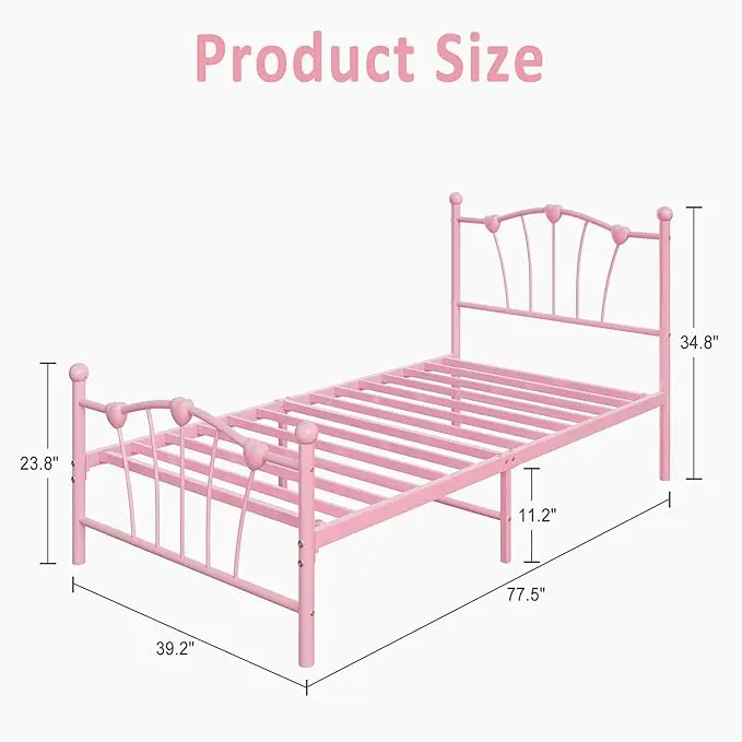 Twin Size Bed Frame, Heart Shaped Metal Bed Frame with Headboard and Footboard, Platform Bed Frame with Sturdy Slat Support