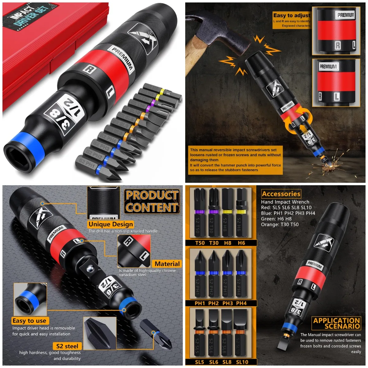 

1/2' Hand Impact Screwdriver Set, 13-Piece Reversible Driver Kit with S2 Steel Bits for Rusted or Frozen Bolts