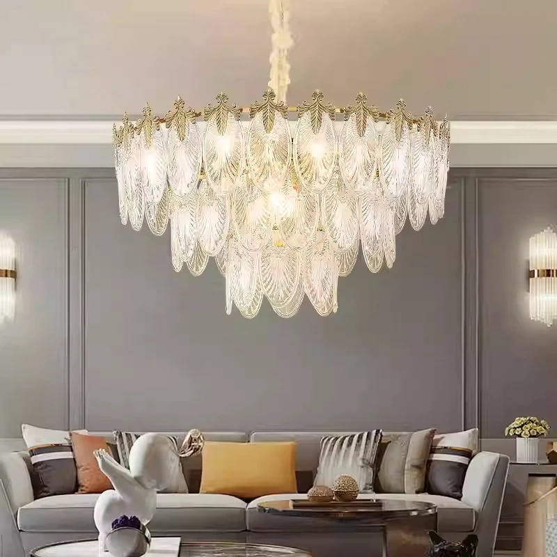 Art Deco Layered Glass Feather Pendant Light, French Style Living Room Bedroom Lighting Fixture, Elegant Home Decor Pendant Lamp