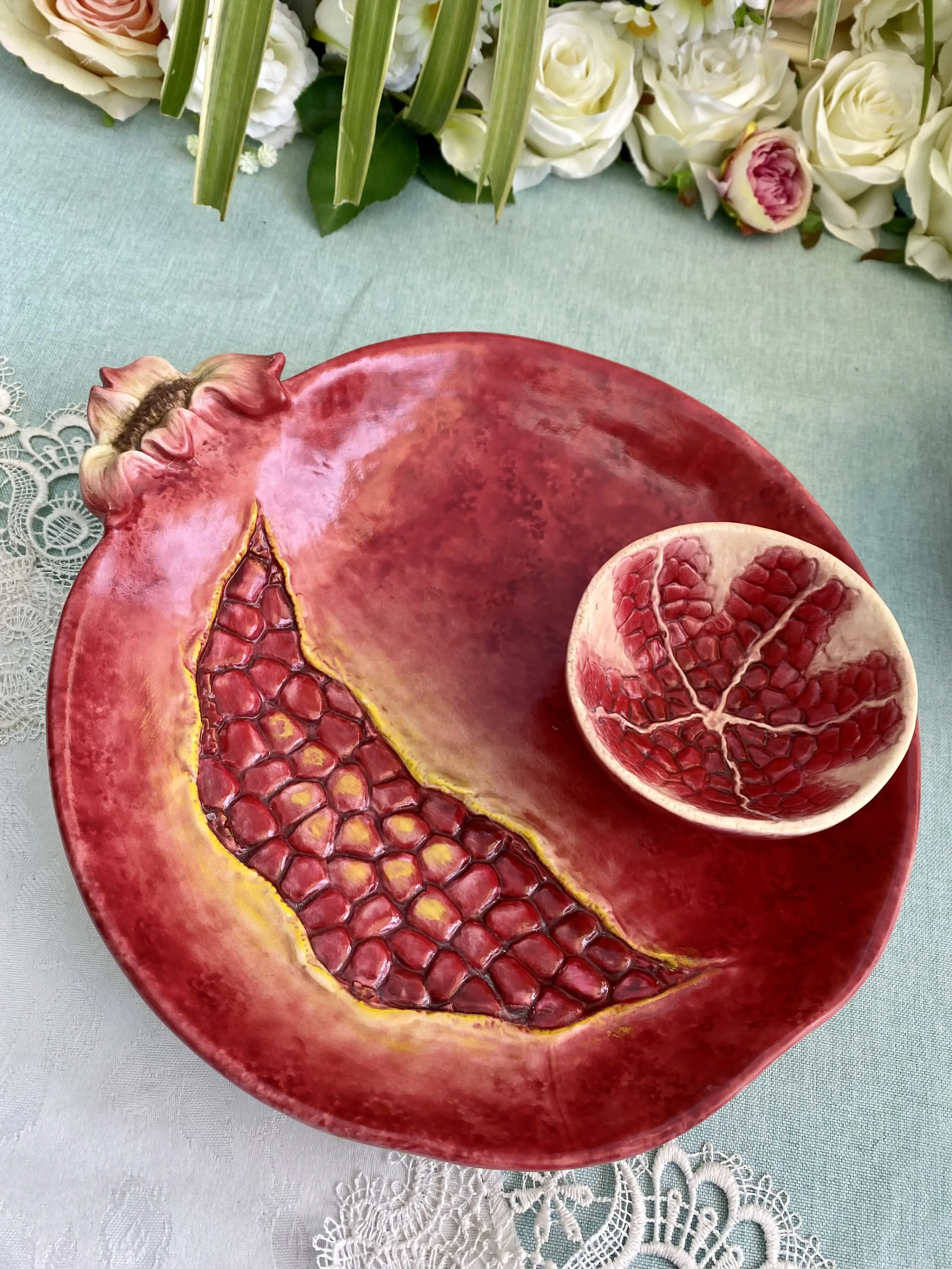 Red Pomegranate Ceramic Dried Fruit Plate, Candy Storage Tray, Home Decor, Wedding Decoration, Kitchen Dumplings, Salad Plate