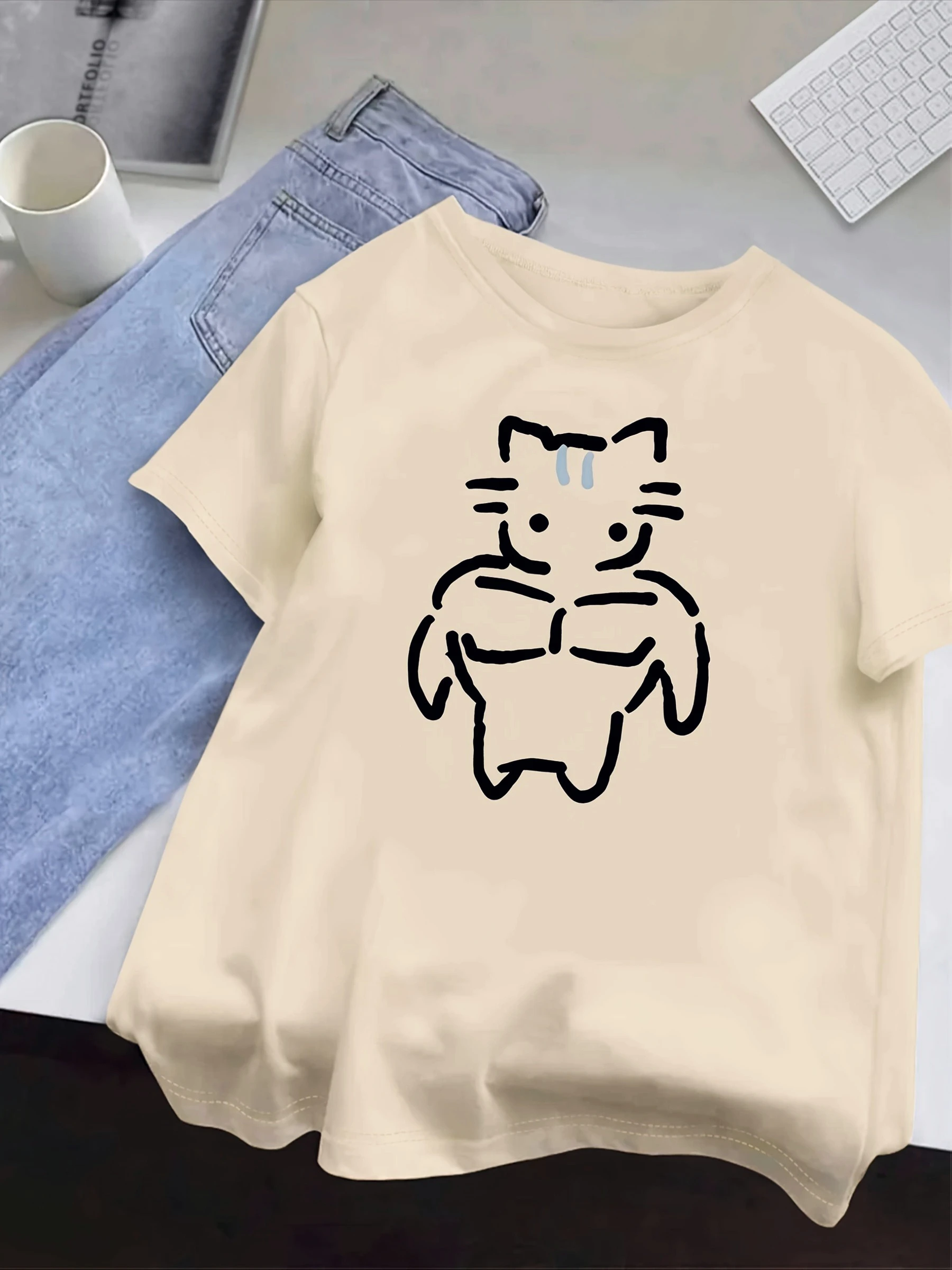 

Cartoon Muscle Cat Pattern Women's T-shirt Short Sleeve Crew Neck Casual Top for Summer Women's Harajuku Casual Clothing