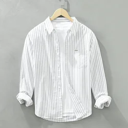 Autumn New Green Striped Shirt for Men Cotton Long Sleeve Oxford Shirts Fashion Non-elastic Loose Men's Clothing