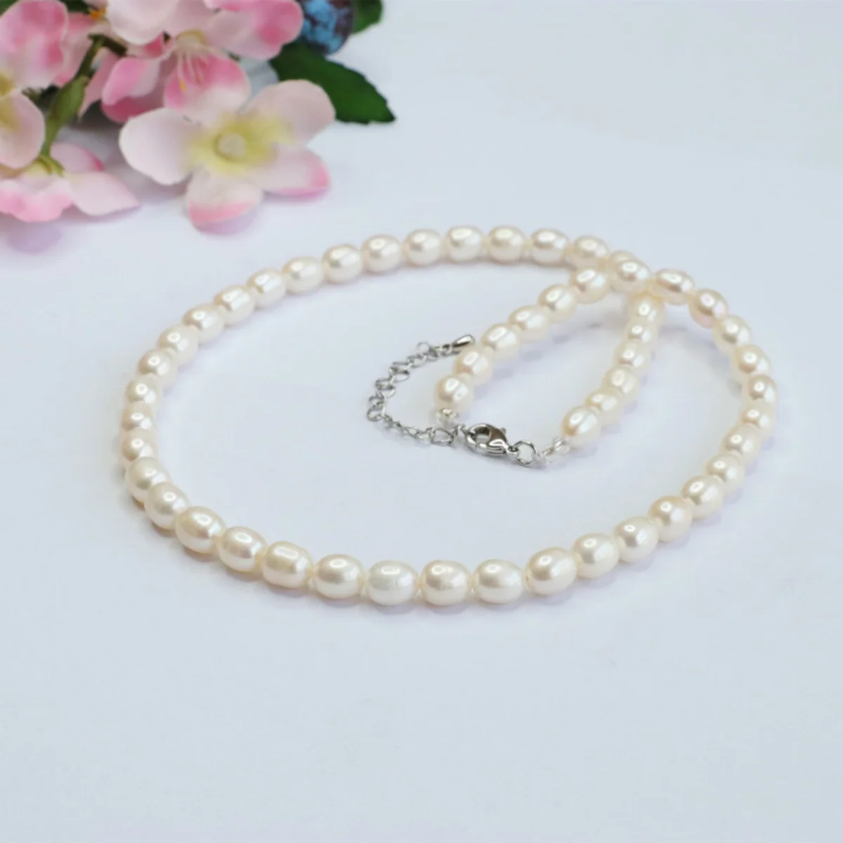 6-7mm White Natural Freshwater Shell Pearl Necklace Rice Beads Neck Wear Jewelry Making Design Mother's Gifts Adjustable Length