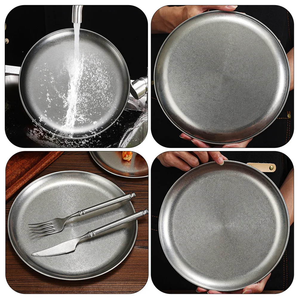 

Old Style BBQ Plate Stainless Steel Flat Bottom Round Tray Balance Grill Food Serving Platter Compact Size Kitchen