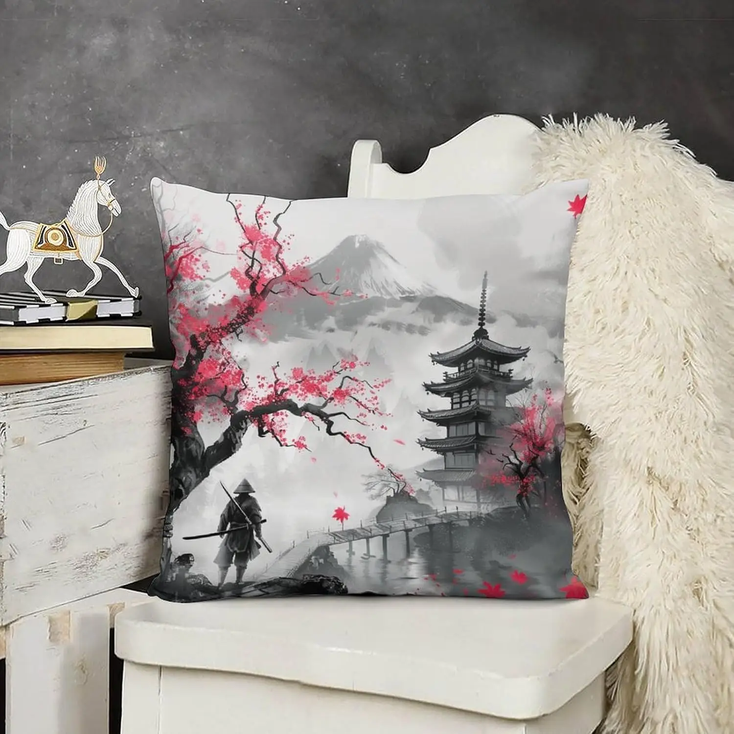 Japanese Samurai Ink Wash Painting Pillowcase, Red Cherry Blossom Pagoda Cushion Cover, Oriental Zen Home Decor, Square Throw