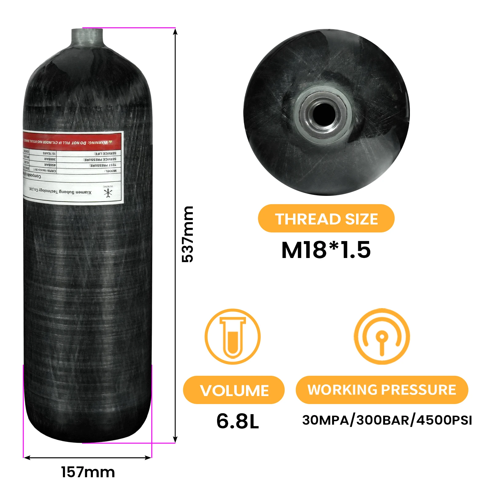 TUXING 300bar 4500psi 6.8L Carbon Fiber Cylinde HPA High Pressure Bottle for Scuba Diving Equipment Snorkeling M18*1.5