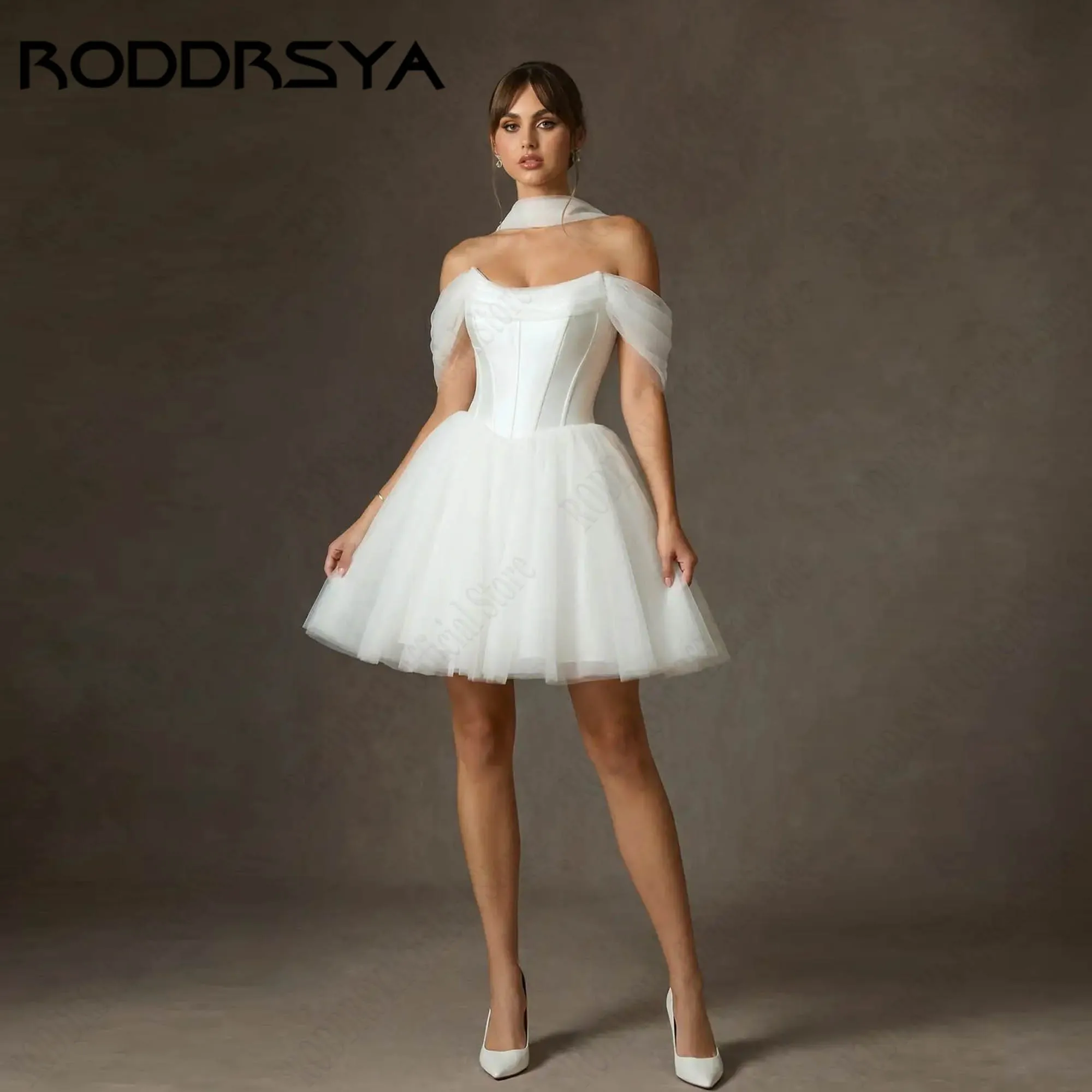 RODDRSYA Mini A-line Ball Gown Off Shoulder Minimalism Satin Tulle White Wedding Dress Backless Lace Up Bridal Gown Customized