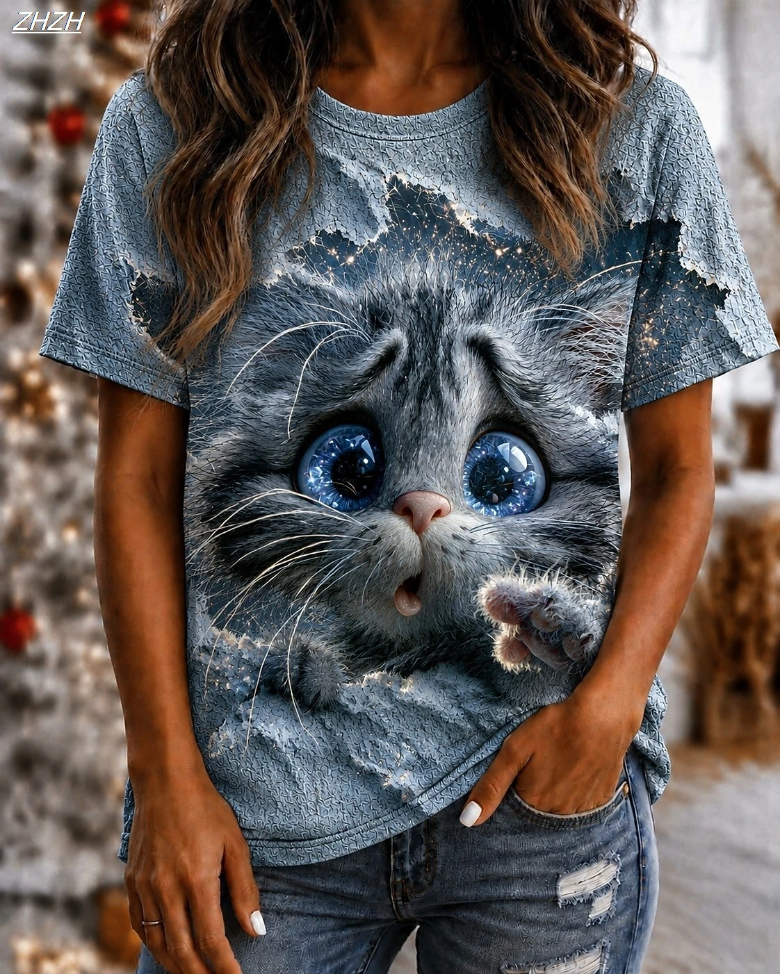 2026 Women's T Shirt Color Block Print Graphic Animal Cat Vintage Stylish Classic Short Sleeve Crew Neck Round Regular Tops