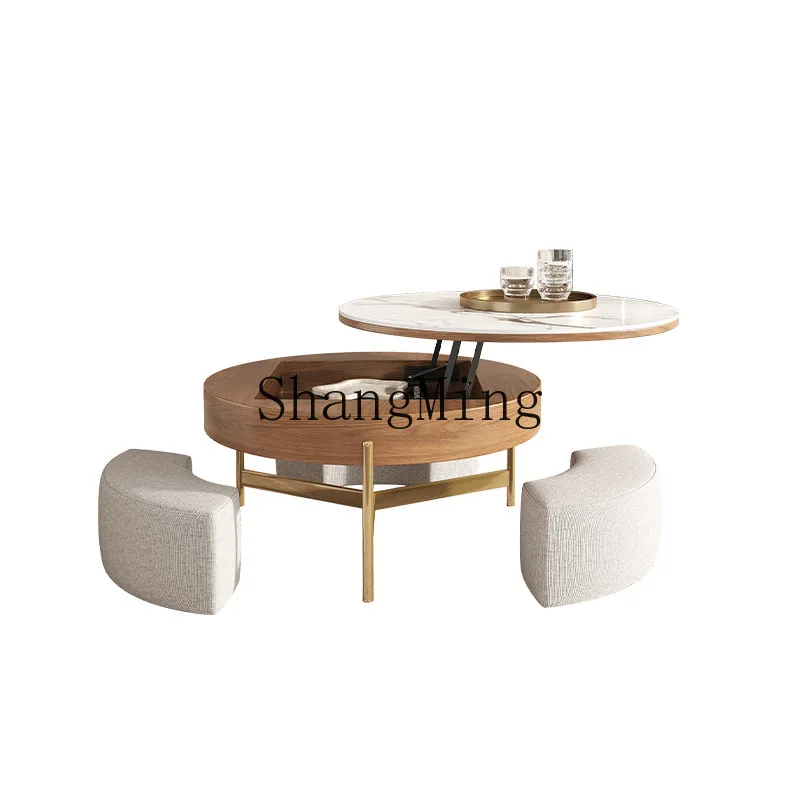 

ZYYlight luxury rock slab lifting coffee table TV cabinet combination modern simple living room creative round storage tea table