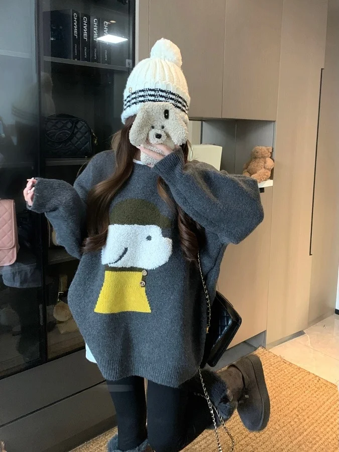 

plus Size Women's round Ne Knitted Sweater with Cartoon Dog Towel Design Loose Fit Autumn Winter Faion Casual Top