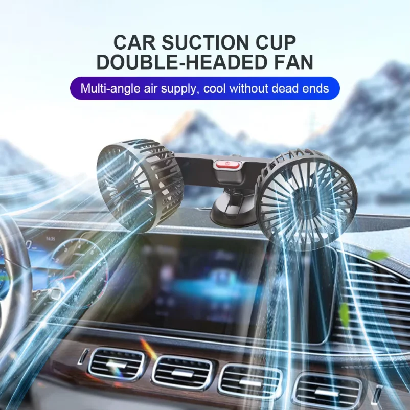 USB 5V Auto Ventilation Fan Dual Head Car Suction Cup Fan 360 Degree Rotation Adjustable 3 Speeds for Dashboard RV Truck