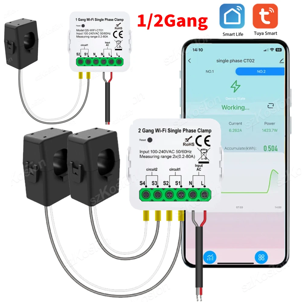 1/2Gang Tuya Smart WiFi Energy Meter Current Sensor Real-time Monitor Power for Electrical Lighting Solar KWH Monitor ﻿