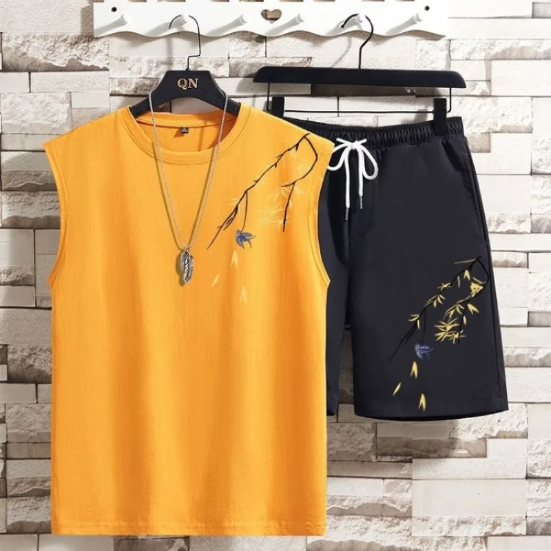 

Men's Summer Bamboo Leaf Sleeveless Vest Set Traditional Asian Streetwear Design National Trend Clothing Set