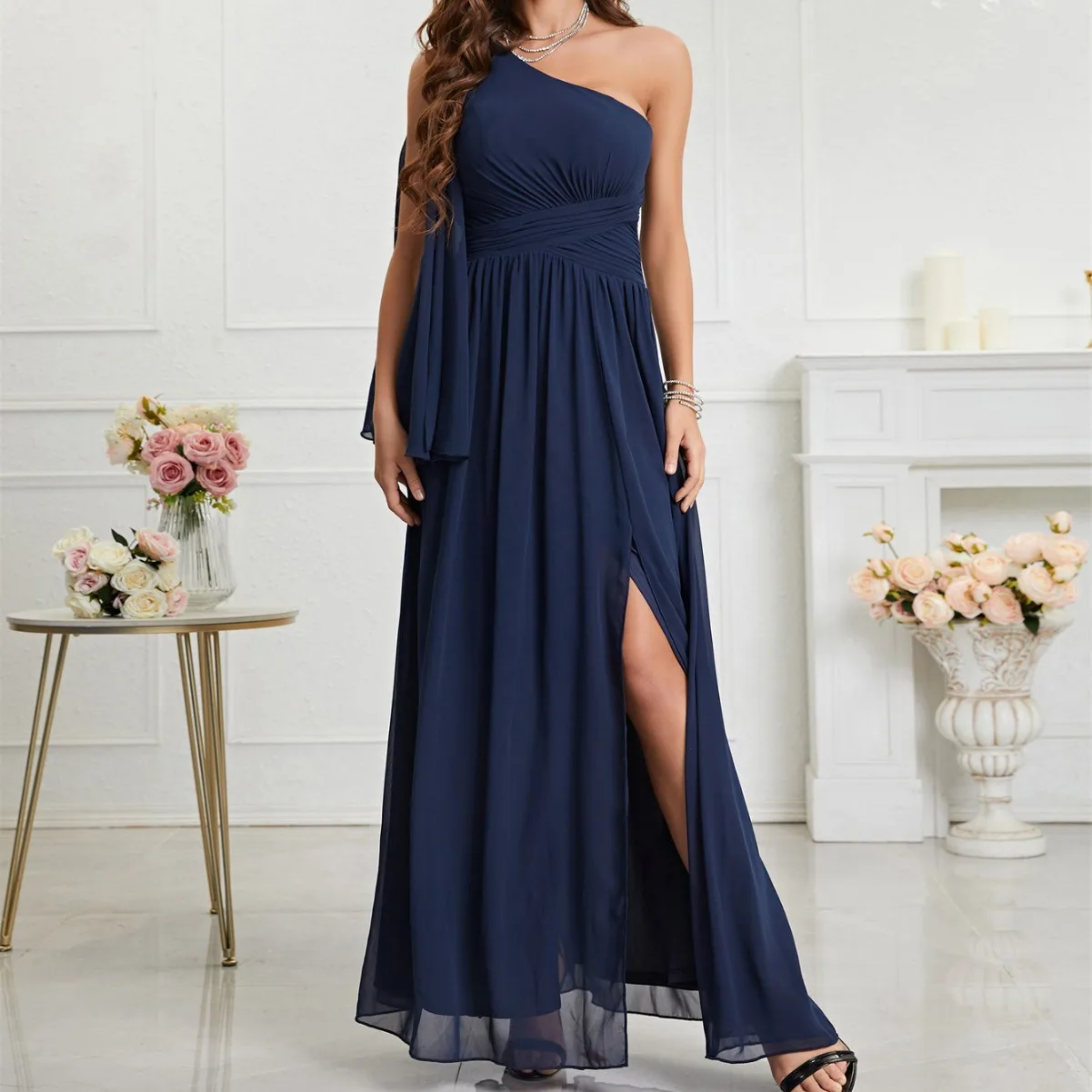 

Ele вечернее платье с асимметричным воротником, Новое поступление, летнее трансграничное хит, женское шифоновое платье с низкой талией, шелковая ткань