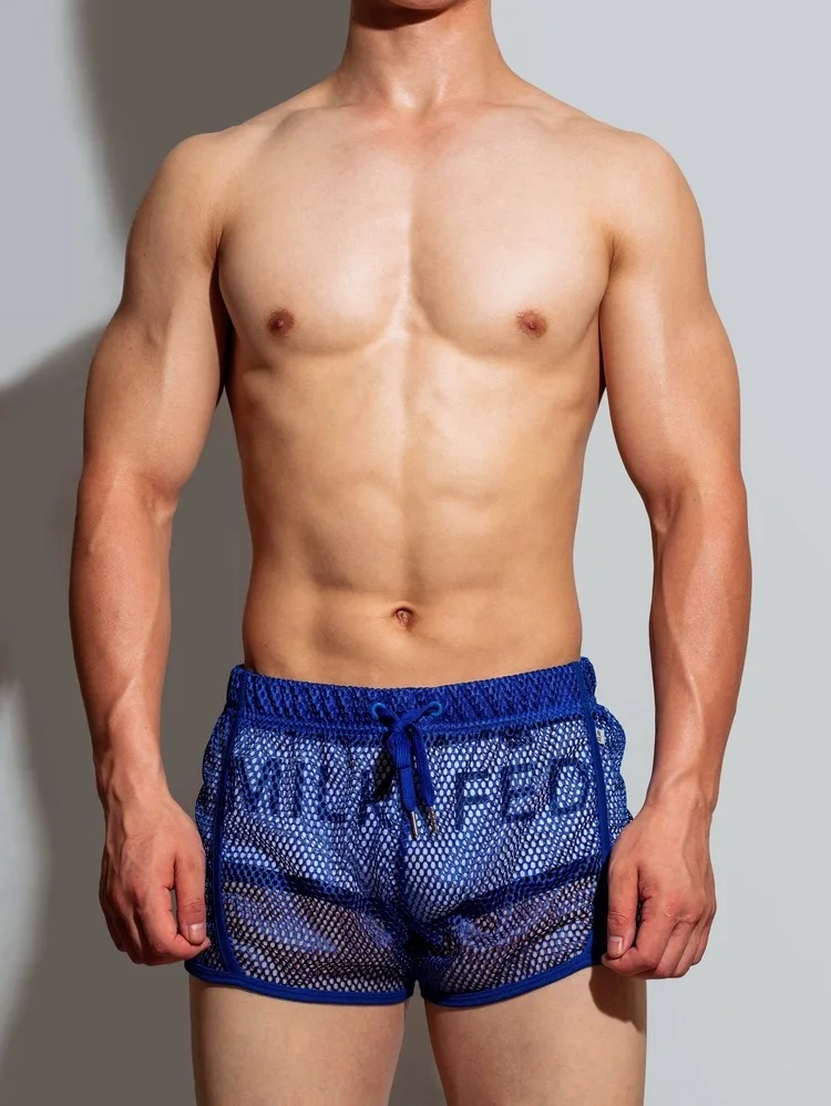 Sous-vêtements en maille respirante pour hommes, bas audihome, pantalon plat, sexy, mince, perspective, ample, maison, short, quatre coins