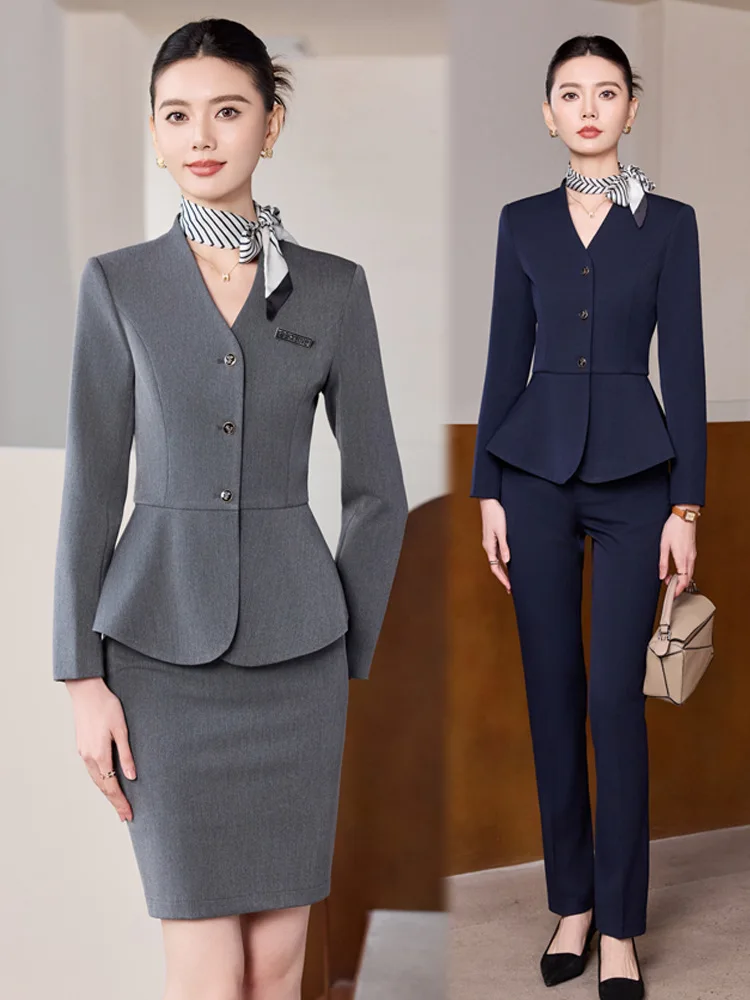 

Dark gray women's suit for autumn and winter, hotel receptionist workwear, skirt suit for beauty salon and jewelry store profess