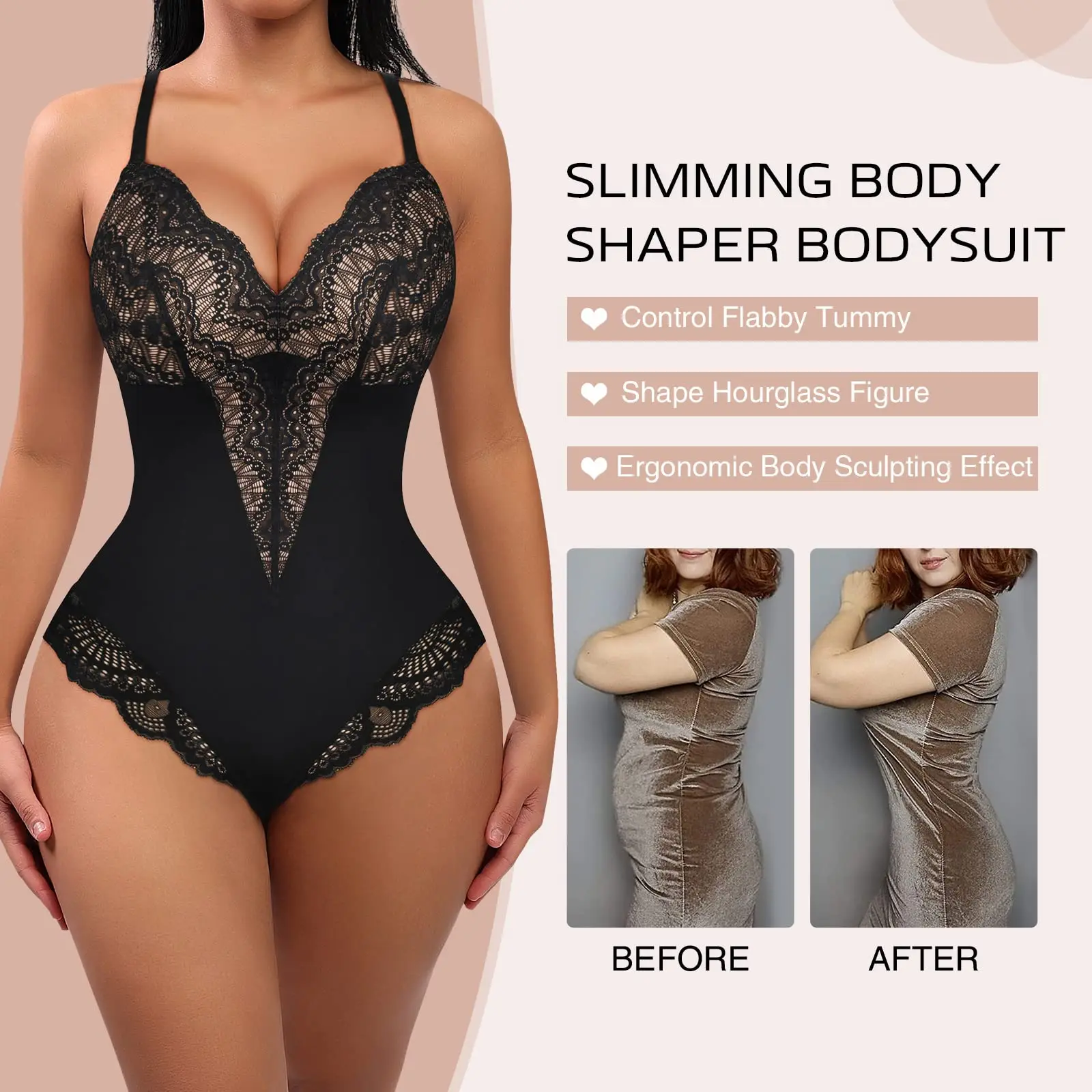 Pop Lace Bodysuit for Women Tummy Control Shapewear V Neck Backless Tank Tops One Piece Body Shaper Fajas Thongs Sexy Body Shape