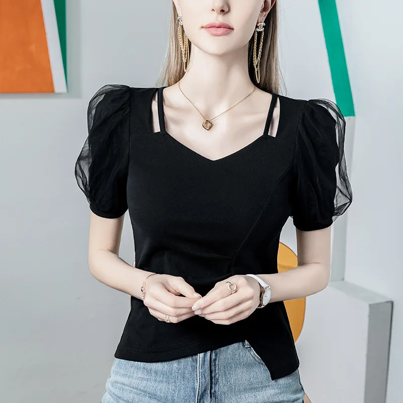 MadBlack, European Clothes T-Shirt, Sexy Women V Neck Hollow Out Top, Fashion Puff Sleeve Slim Tee, 2024 Summer Autumn T40427CC